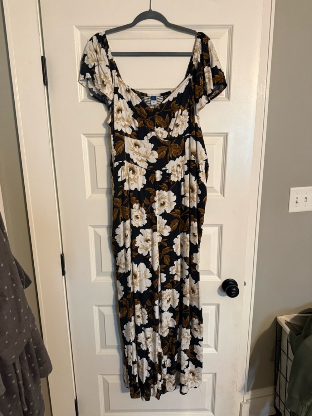 Old Navy Black Maxi Dress with Cream Floral and Brown Leaves